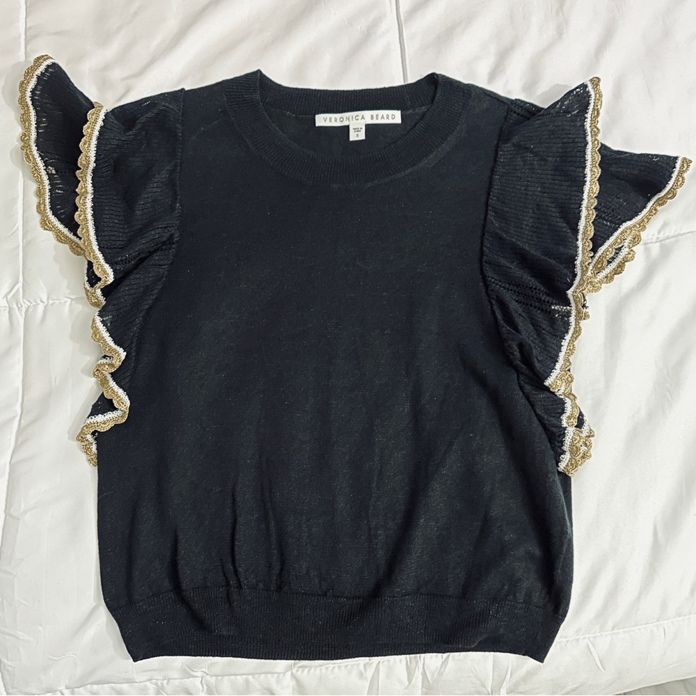 Veronica Beard Black Ruffle Sleeve Top with Gold Trim